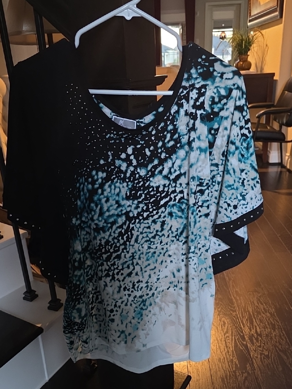 JM Collection Teal, Black and White Short Sleeve Printed Top with Stud Accents